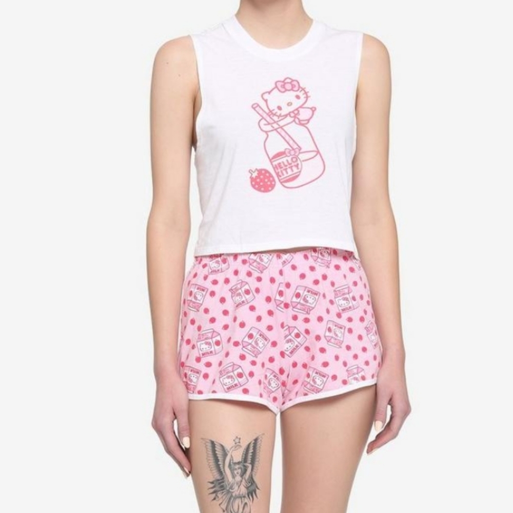 NWT Hello Kitty Strawberry Milk Tank & Shorts Girls Lounge Set Hello Kitty Small